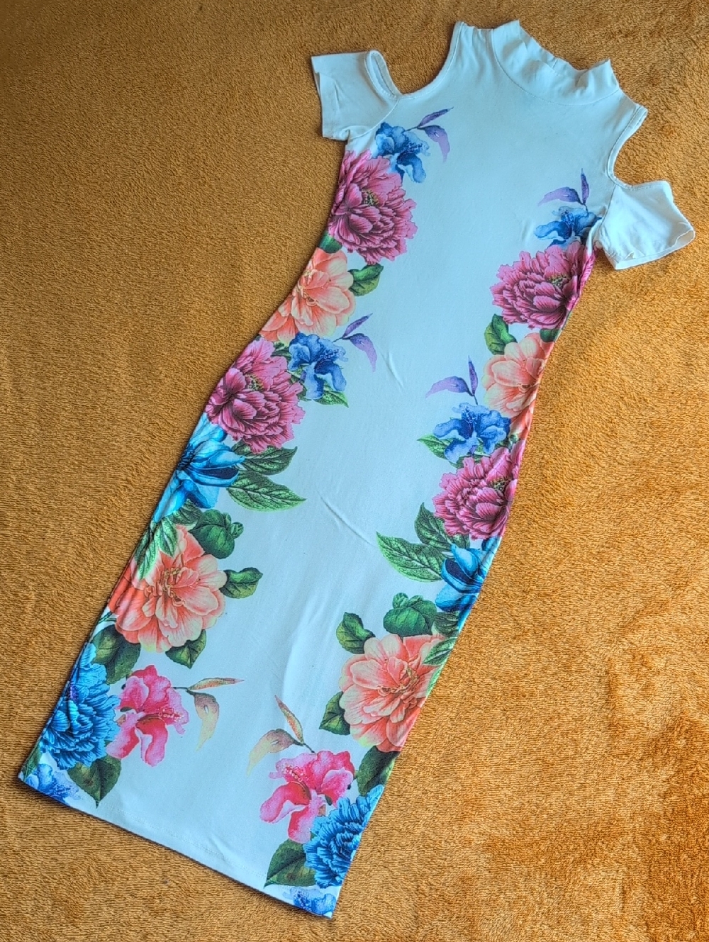 Derek Heart White Cold-Shoulder Maxi Dress with Pink Blue Coral Floral Print
